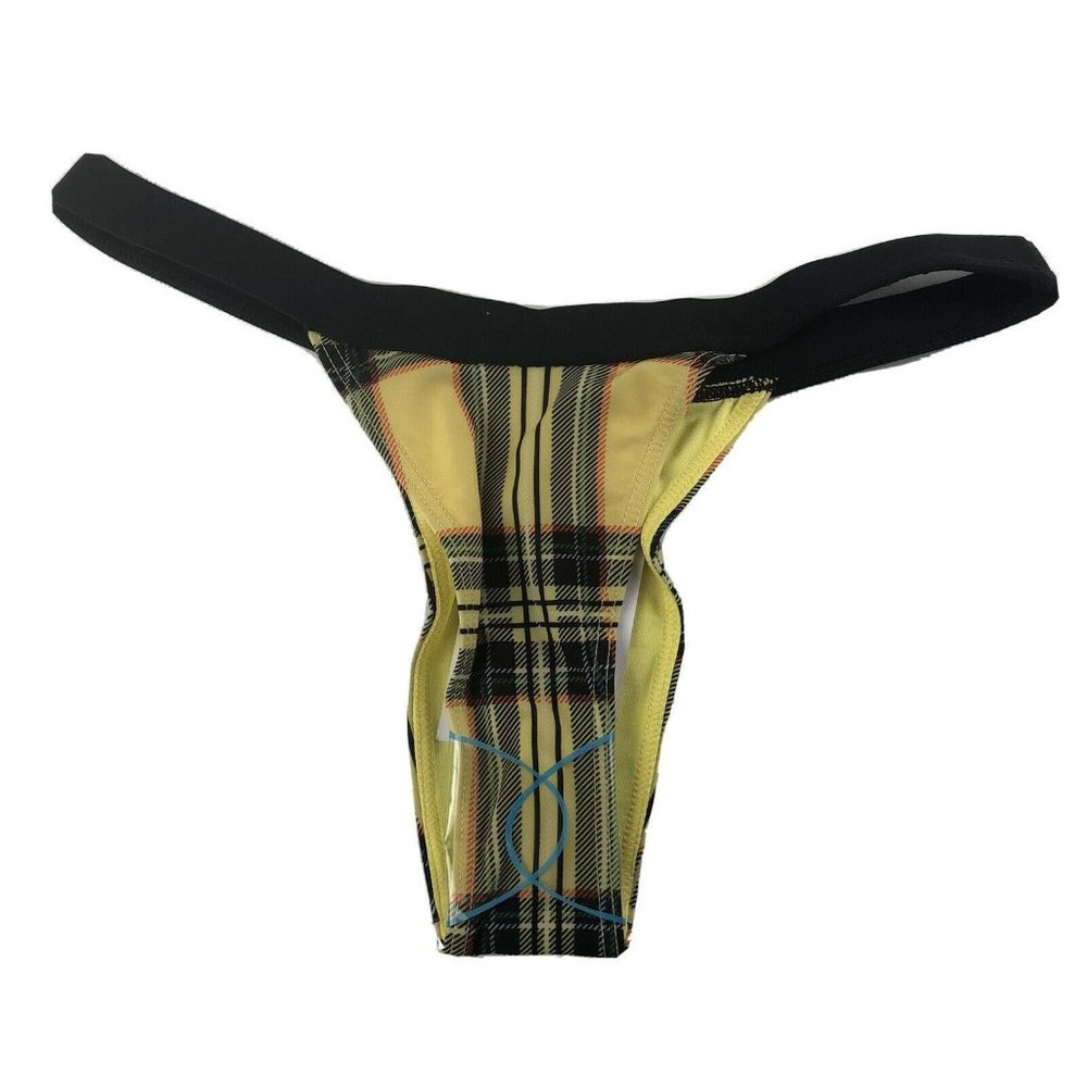 Women Small TWIIN Yellow Checkered High Cut Contrast Band Bikini Bottom